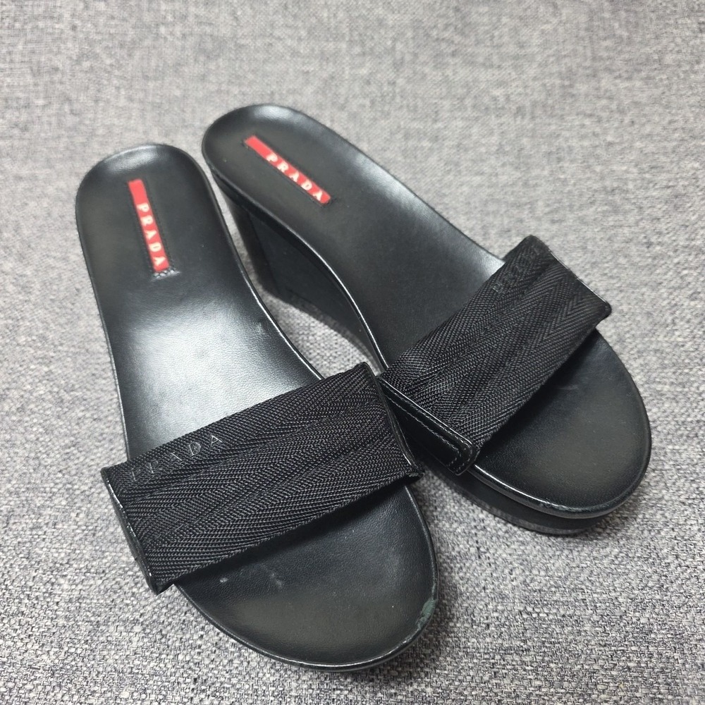Prada Sport‎ Authentic Solid Black Leather Platform Wedge Slides Sandals 36.5